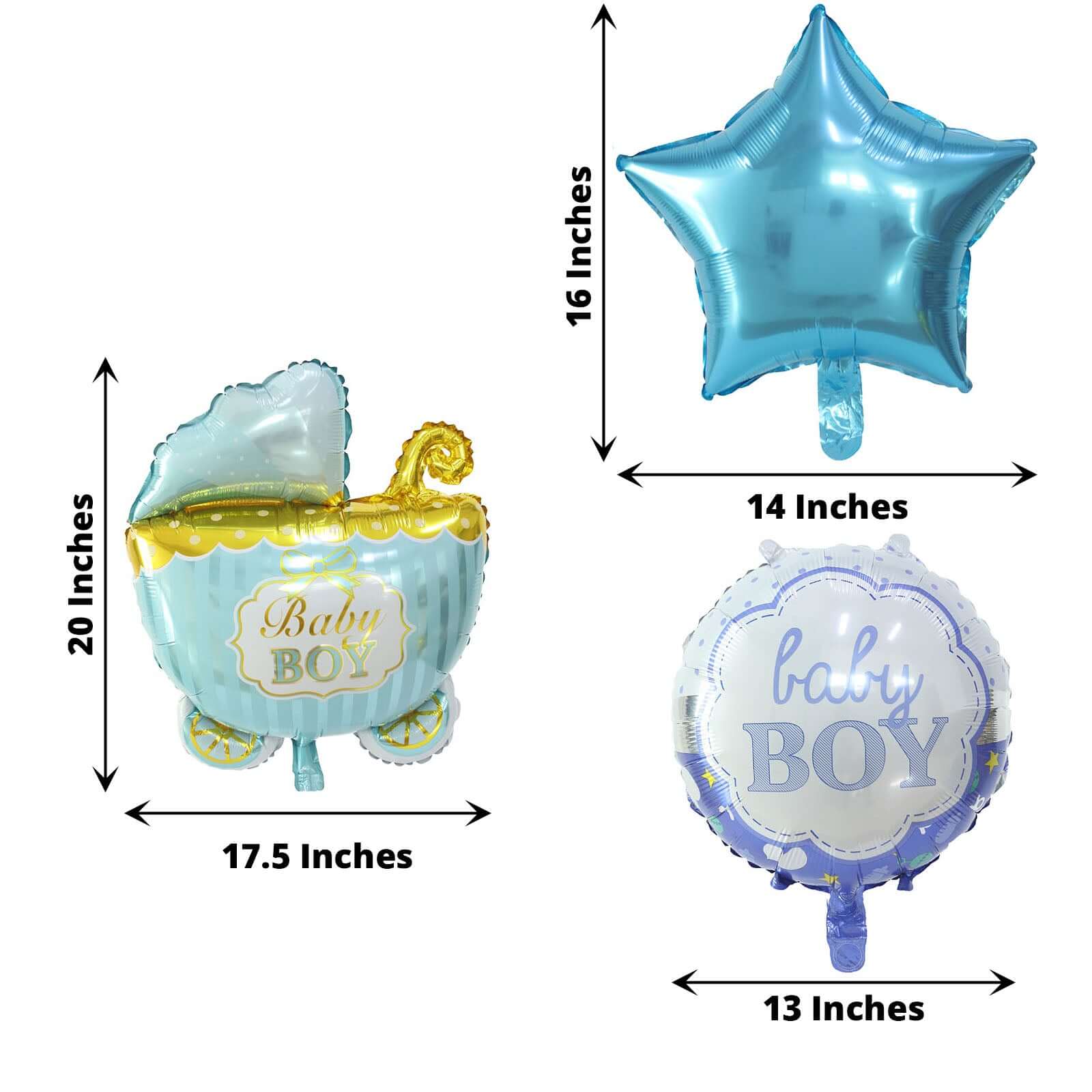 Set of 5 Blue White Boy Baby Shower Mylar Foil Balloon Set, Star, Round and Baby Carriage Balloon Bouquet With Ribbon, Gender Reveal Party Decorations