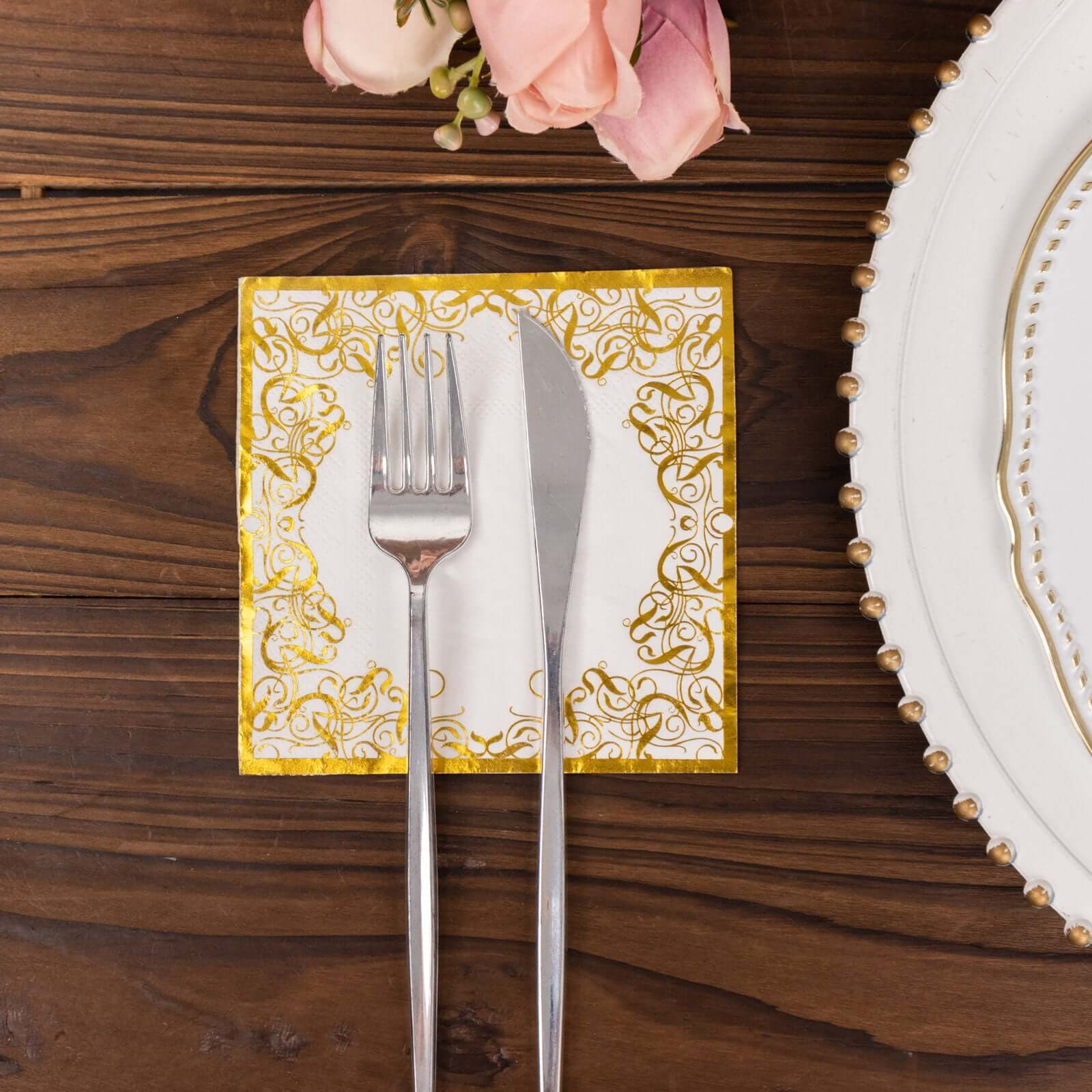 20-Pack Paper Beverage Napkins with Gold Foil Lace Design White - 3 Ply Disposable 18GSM European Style Cocktail Napkins 5"x5"