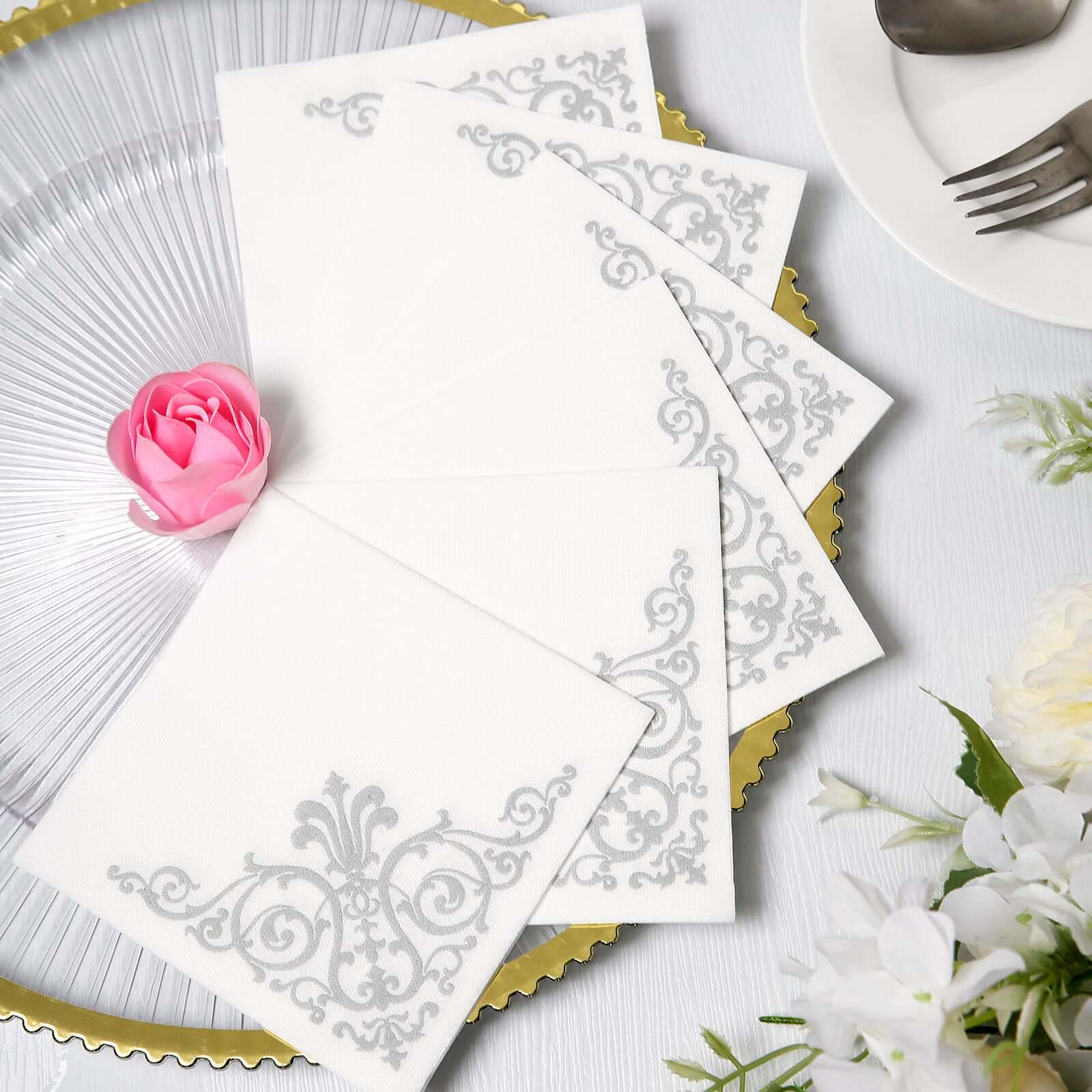 20 Pack Linen-Like Paper 5"x5" Napkins White - Silver Fleur Vintage Design - Classy Airlaid Cocktail Napkins for Events