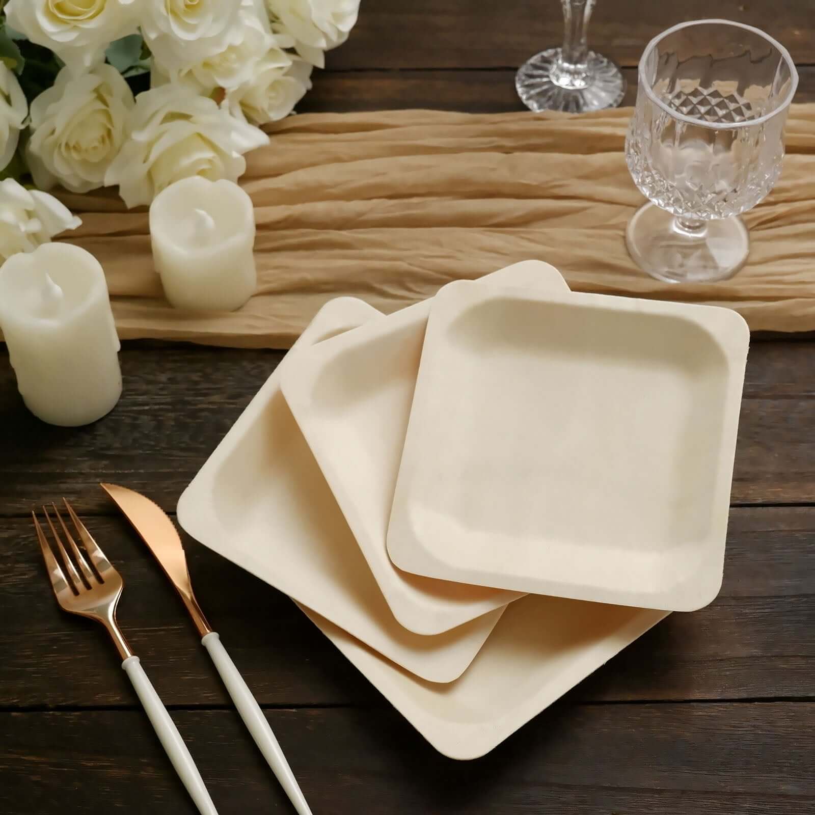 25 Pack 6" Square Eco Friendly Birchwood Wooden Dessert, Appetizer Plates