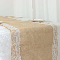Burlap Jute 14"x104" Table Runner Natural With White Lace Trim Edges - Rustic Vintage Tabletop Decor