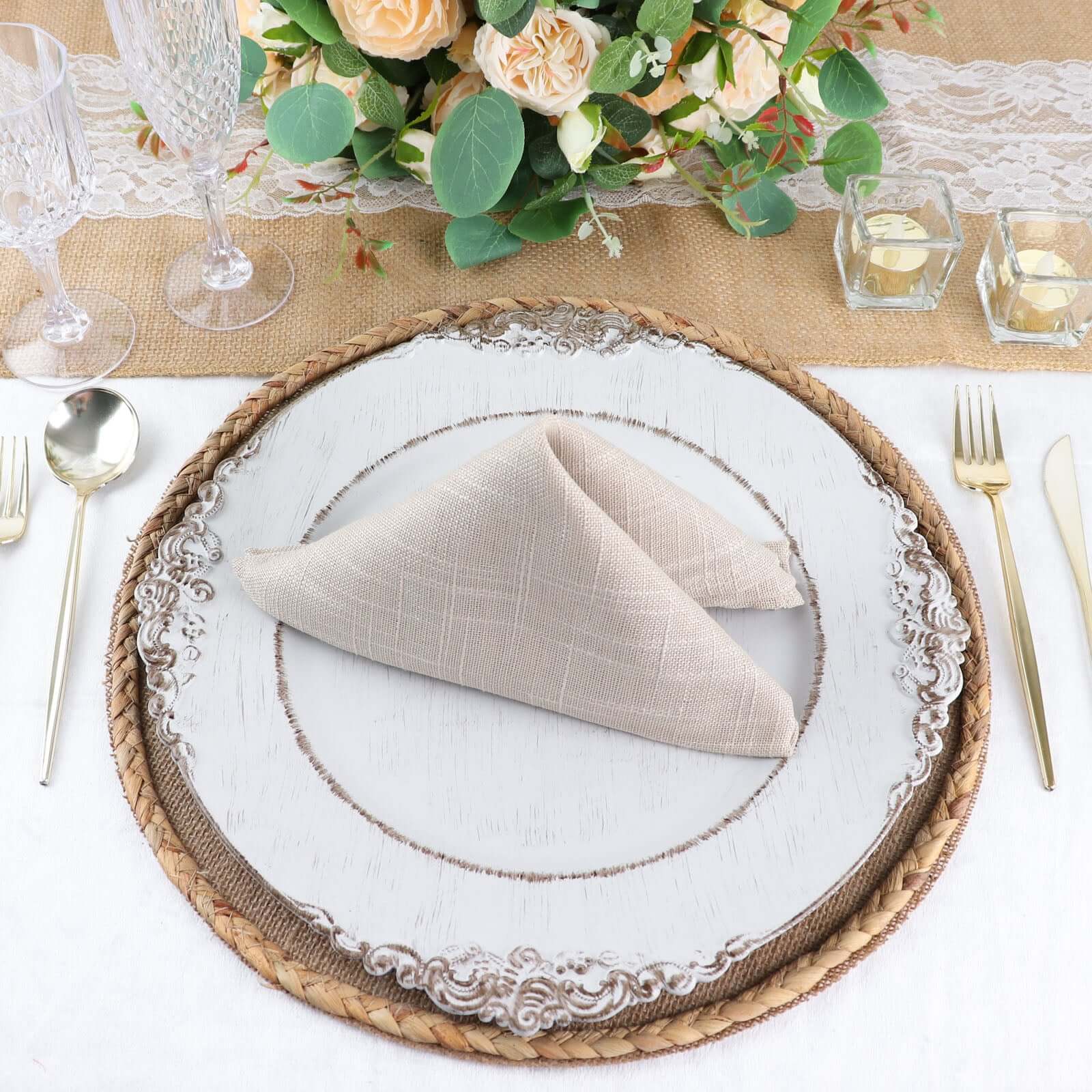 4-Pack Placemats Braided Edge Design Natural Burlap Jute Round - Rustic Farmhouse Style with Trim 15"