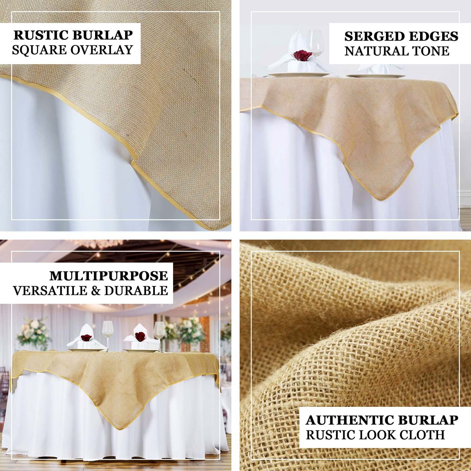 Jute Burlap 60"x60" Table Overlay Square Tablecloth Natural - Rustic Design for Authentic Charm