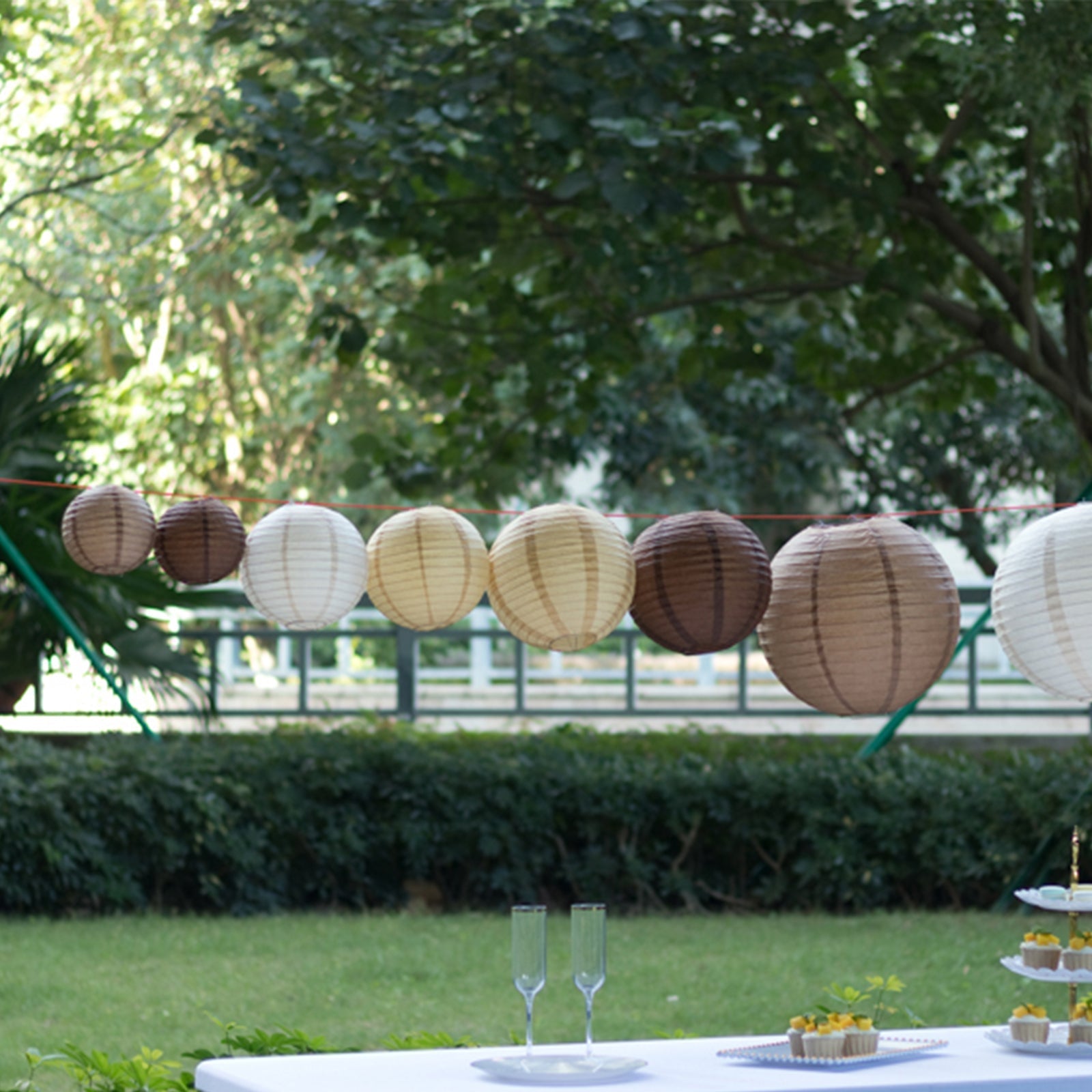 Set of 8 Natural Brown Hanging Paper Lanterns Assorted Sizes, Decorative Round Chinese Sky Lanterns - 6",8",10",14"