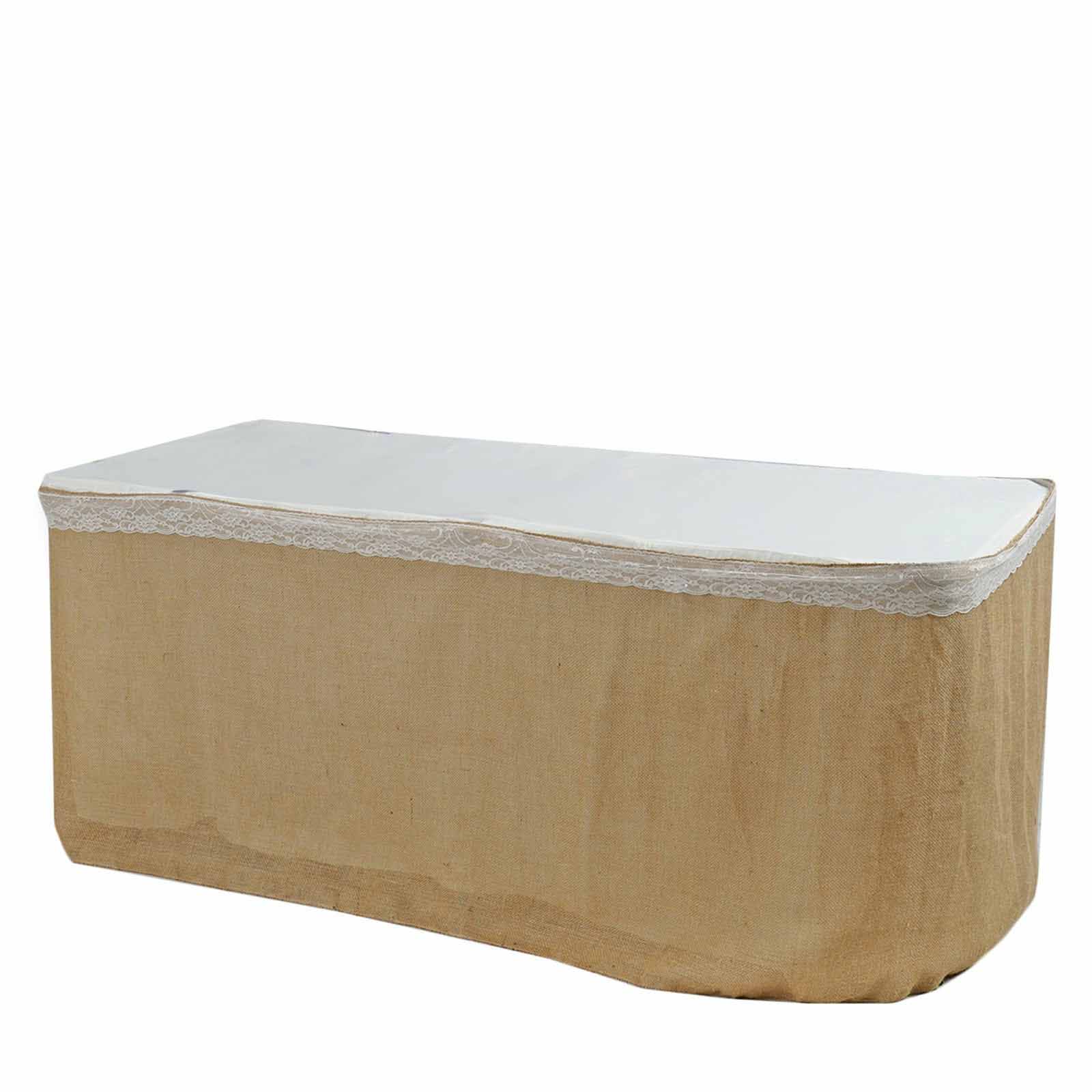 Burlap Jute 14ft Table Skirt Natural with Laced Edges - Rustic Vintage Event Table Linen