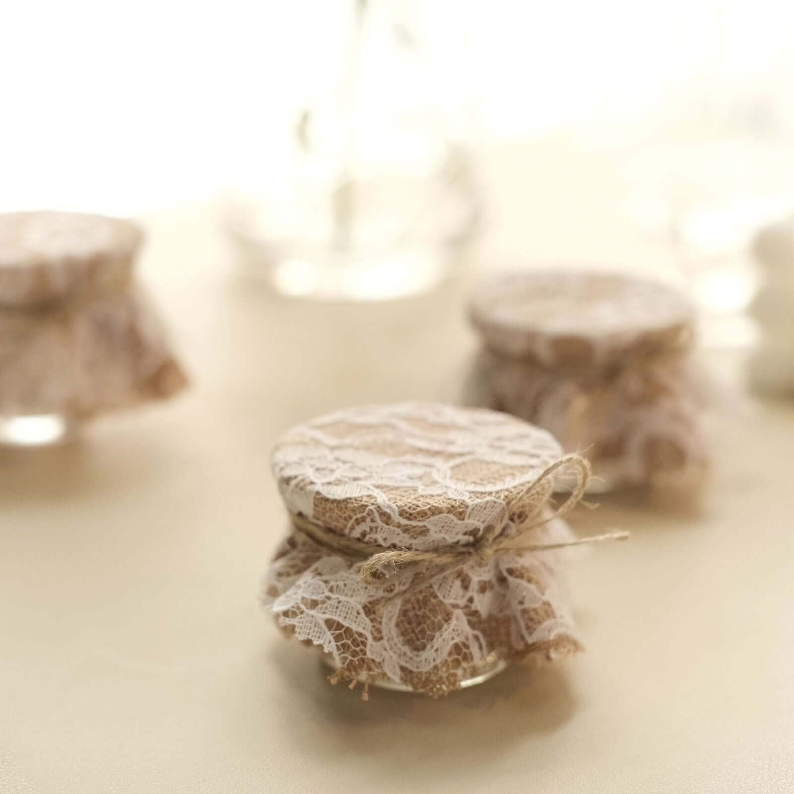 Set of 6 Mason Jar Lid Covers Rustic Burlap/White Lace Fabric Design with Jute String - Scalloped Edge Natural Linen Favor Covers 6"