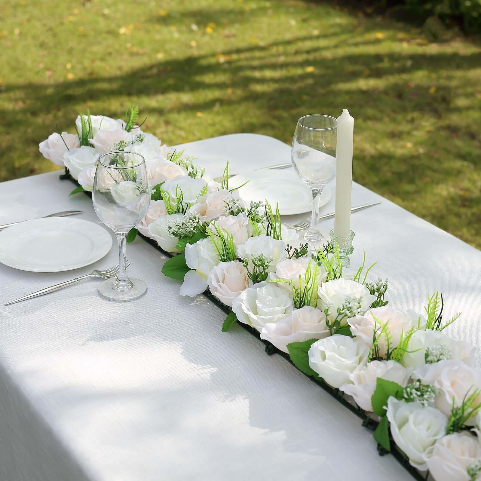6 Pack Cream Ivory Silk Rose Flower Panel Table Runner, Artificial Floral Arrangements Wedding Table Centerpiece - 20"x8"