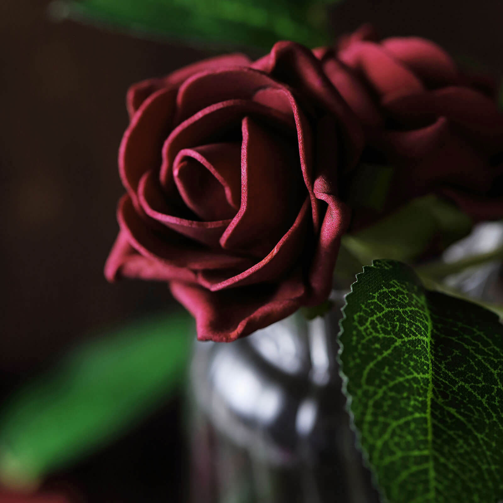 24 Roses 2" Burgundy Artificial Foam Flowers With Stem Wire and Leaves