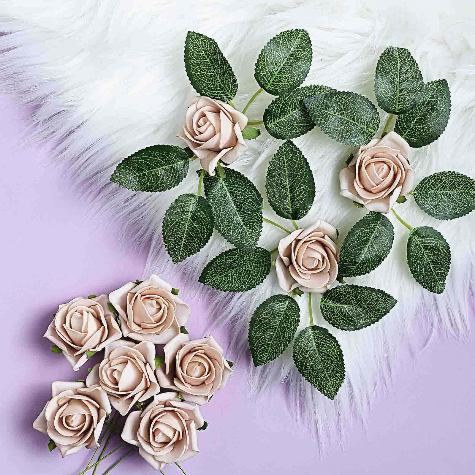 24 Roses 2" Champagne Artificial Foam Flowers With Stem Wire and Leaves
