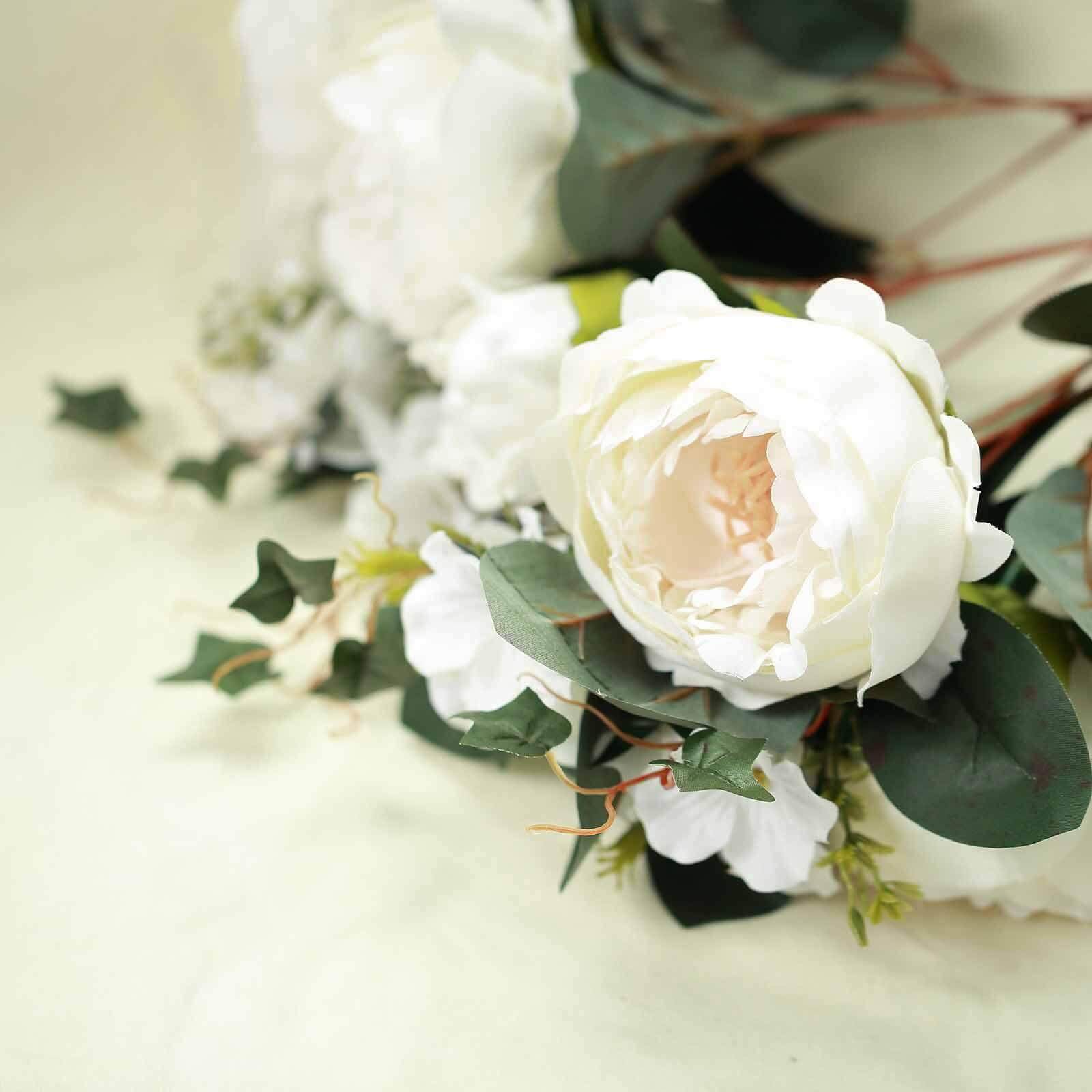 2 Bush Ivory Artificial Silk Peony, Rose and Hydrangea Flower Bouquet