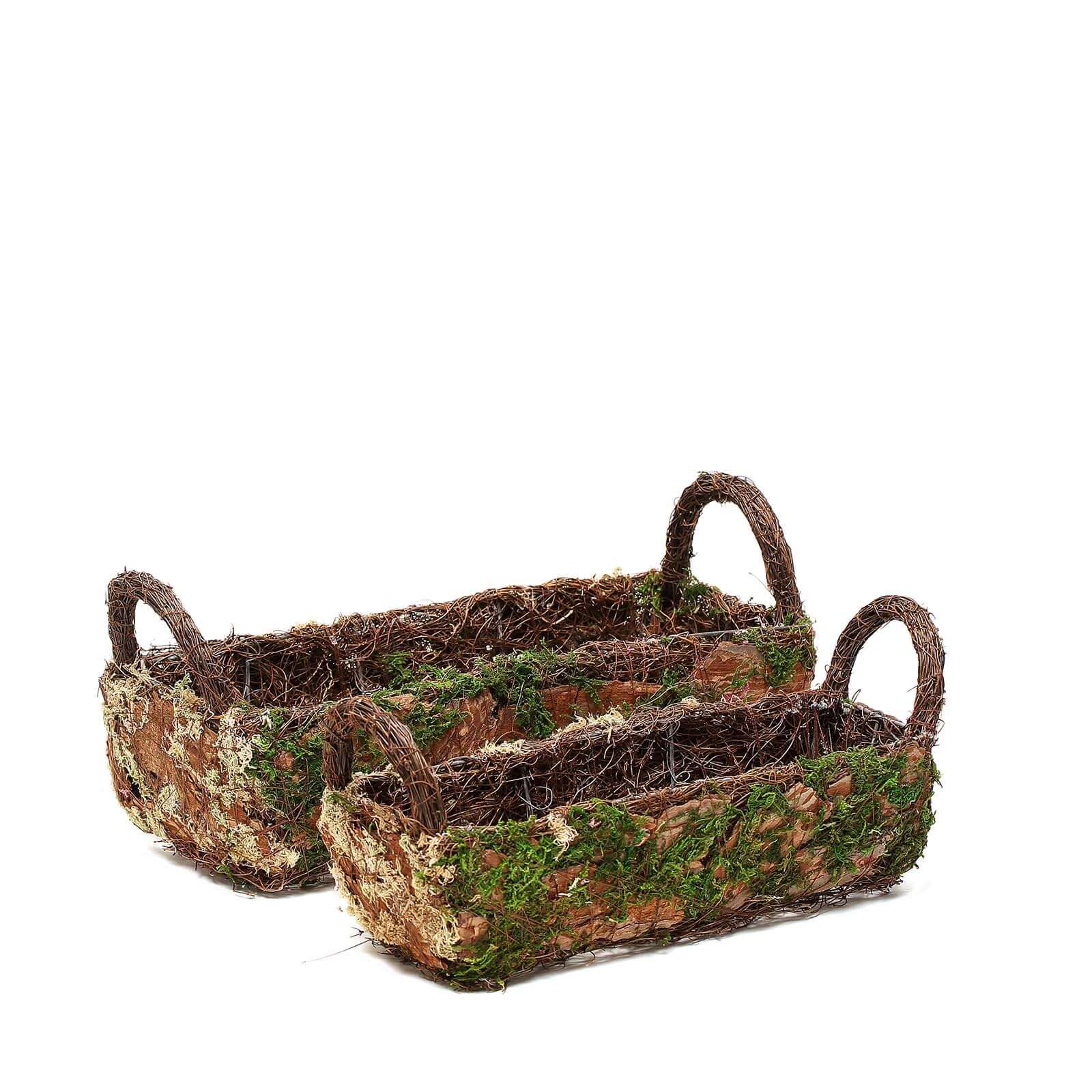 Set of 2 Rustic Planter Boxes Preserved Moss Log Shaped with Handle - Flower Basket Centerpieces 13", 15"