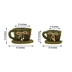 Set of 2 Teacup Shaped Planter Boxes Preserved Moss with Twine Green - Flower Basket Centerpieces 5", 4"