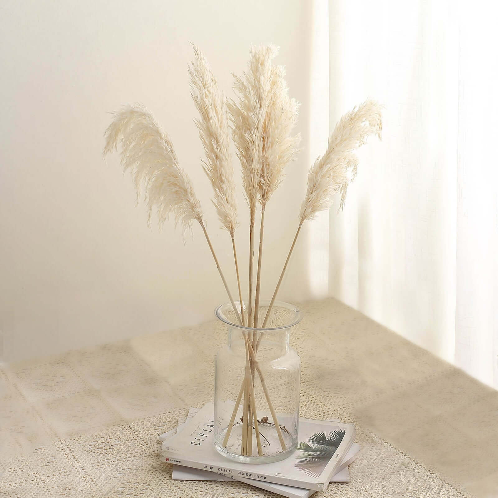 6 Stems Natural Dried Pampas Grass Decor Wheat Tint - Versatile Plant Sprays for Boho Chic Vase Displays Backdrops & Event Styling 32"