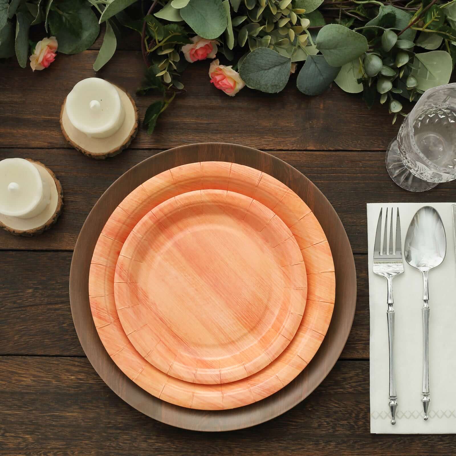 25-Pack Paper 7" Round Dessert Plates in Natural Wood Grain Print - Disposable Appetizer Salad Plates for Rustic Farmhouse Style Events