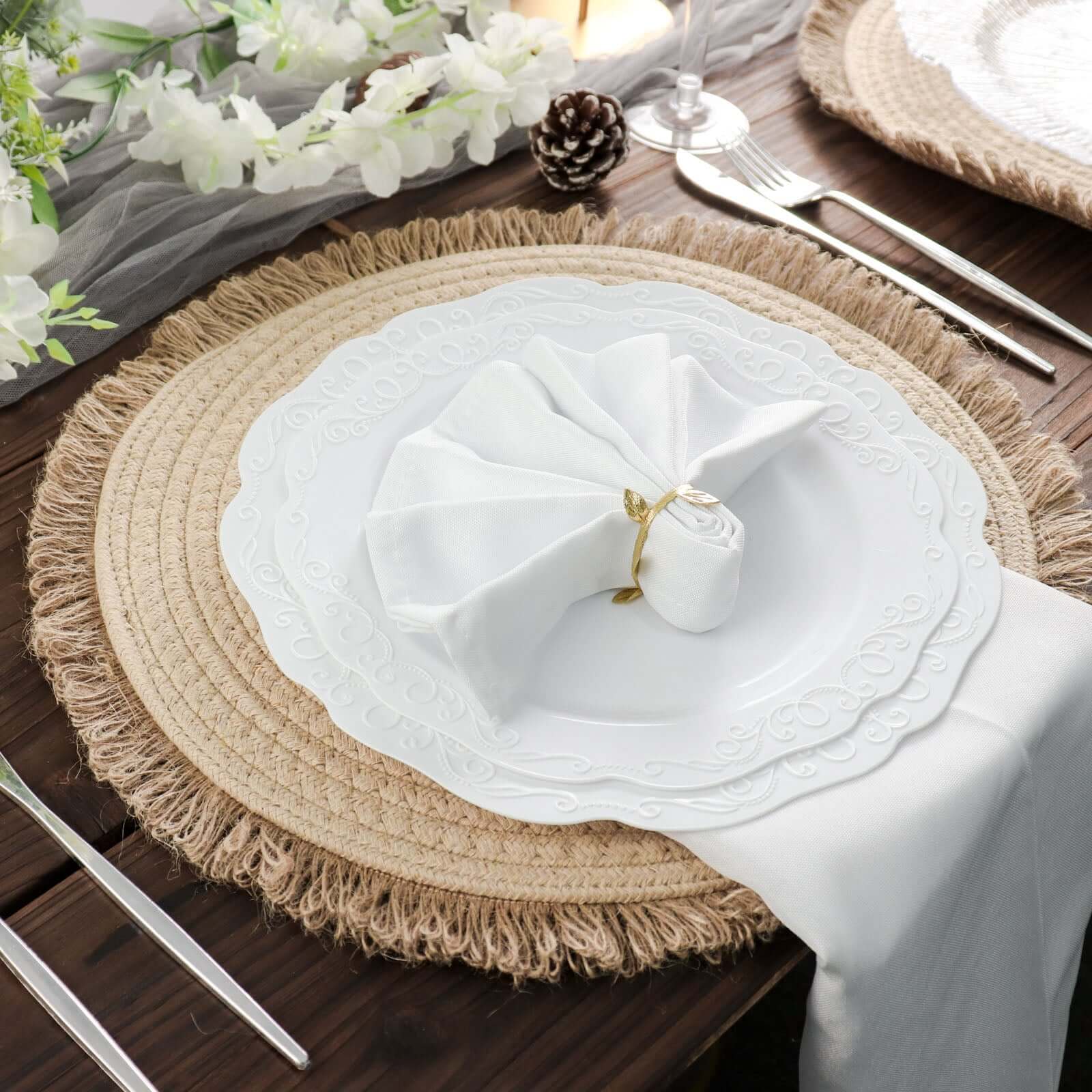4-Pack Placemats Fringed Edge Design Natural Rustic Burlap Jute Round - Farmhouse Style Table Mats with Trim 15"