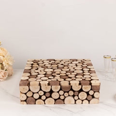 Wooden Cake Stand 18"x18" Square Design Rustic Natural Slices - Farmhouse Display Box Pedestal Riser