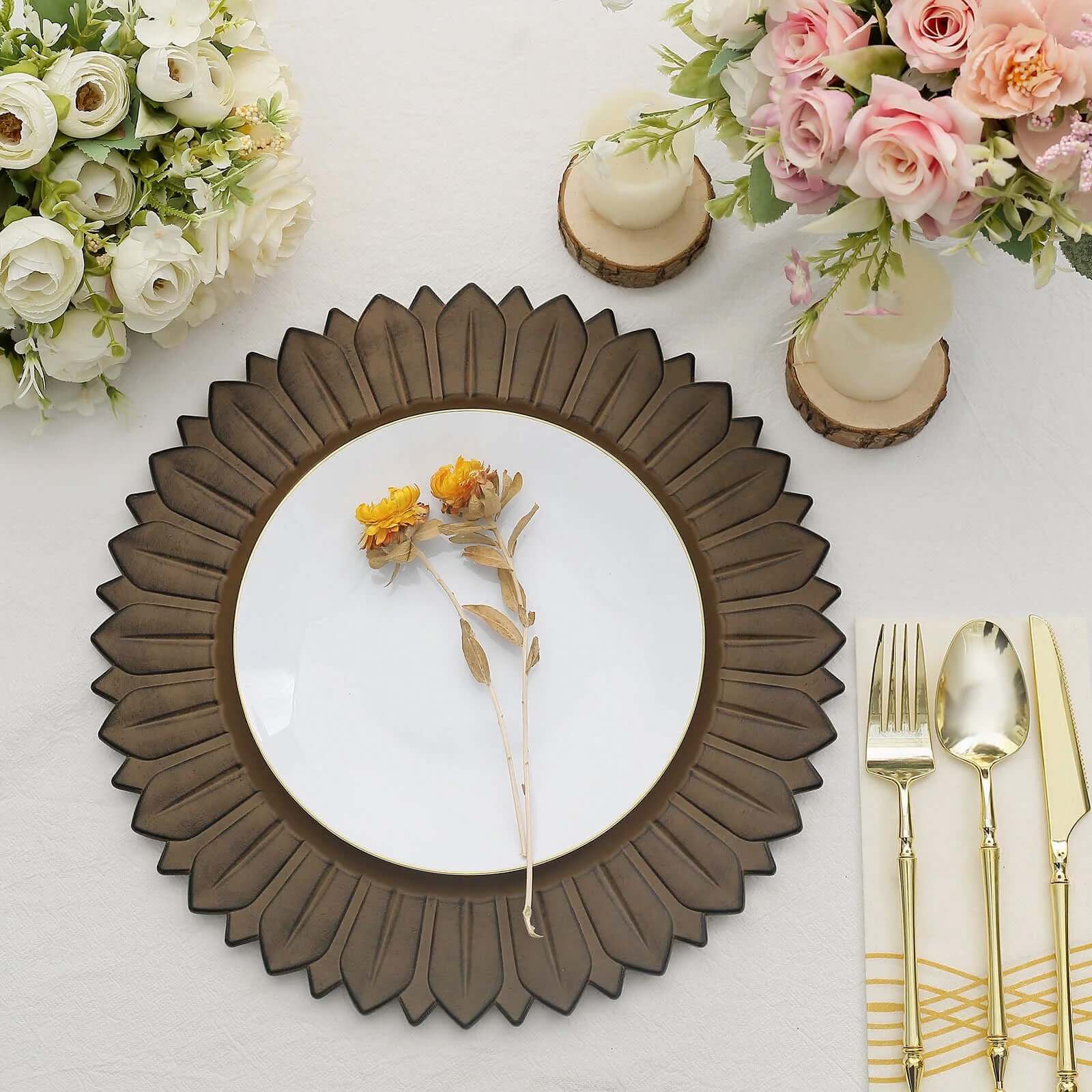 6-Pack Plastic Round Charger Plates 13" in Natural with Sunflower Rim, Matte Finish Disposable Dinner Charger Tableware