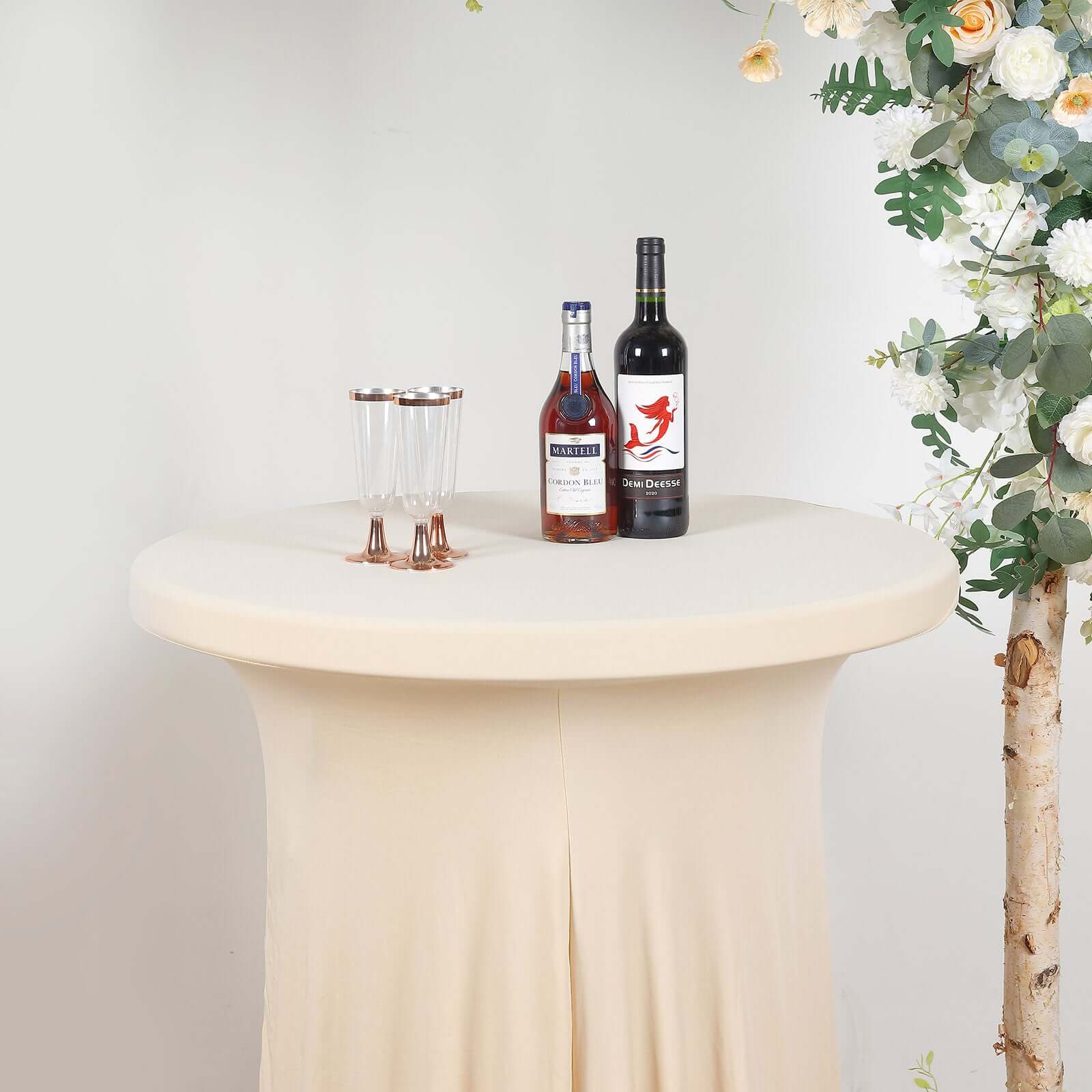 Spandex 32" Round Cocktail Table Cover Skirt Beige With Natural Wavy Drapes