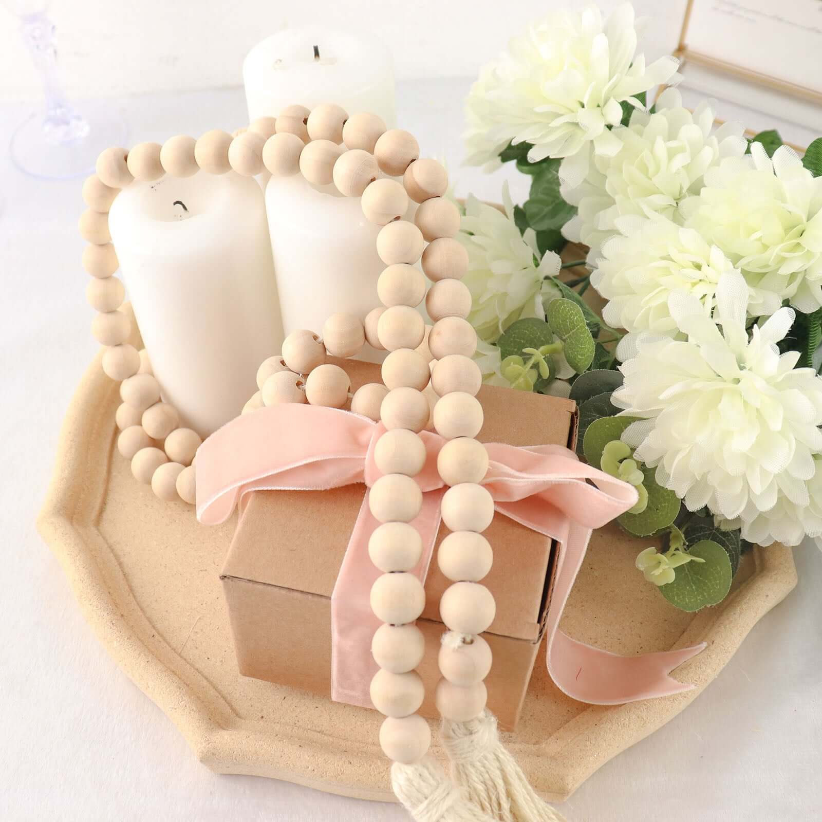 55" Cream Rustic Boho Chic Wood Bead Garland With Tassels, Farmhouse Country Wood Bead Chain