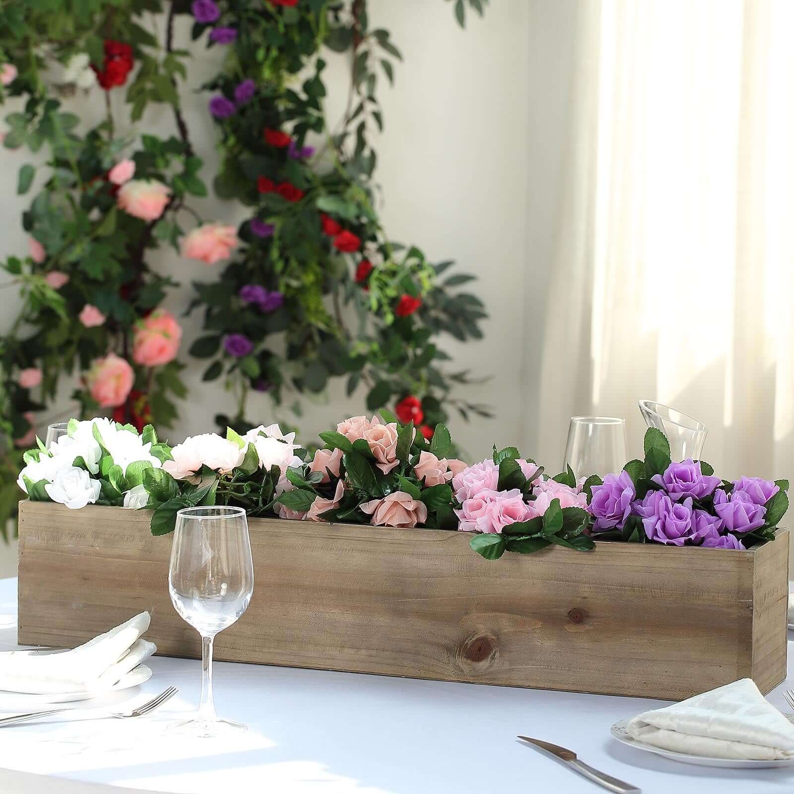 Natural Wood Planter Rectangular Box 30"x6"- Durable Decor with Removable Plastic Liner for Tables