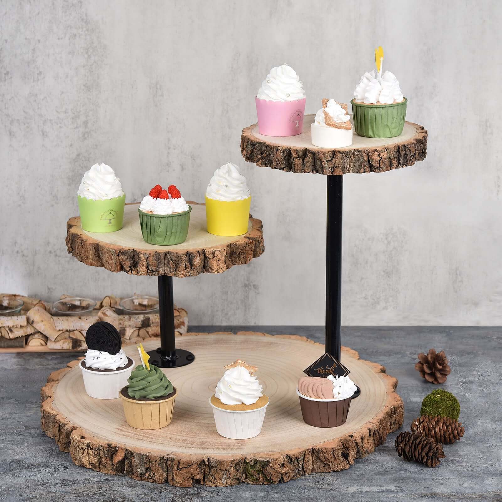3-Tier Wooden Cheese Board Stand Natural Wood Slice Design - Rustic Cupcake Centerpiece with Assembly Tools 14"