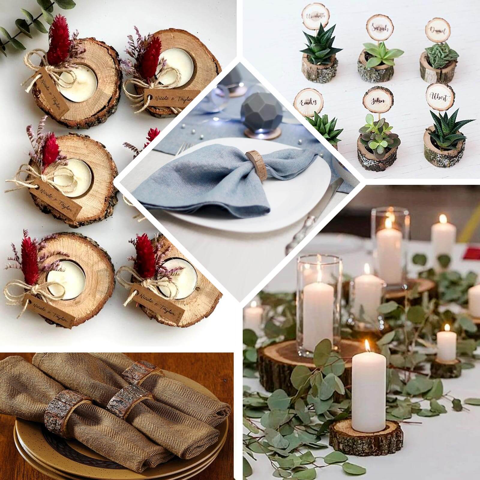 4 Pack 3" Rustic Natural Birch Wood Farmhouse Napkin Rings, Boho Napkin Holder Wood Slices