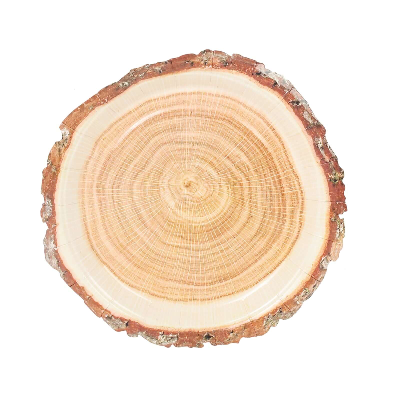 25-Pack Paper 7" Round Dessert Plates in Natural Wood Slice Print - Disposable Appetizer Salad Plates for Rustic Farmhouse Style Events