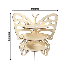 3-Tier Wooden Cupcake Stand Butterfly Design Natural - Rustic Dessert Display Shelf Rack 24"