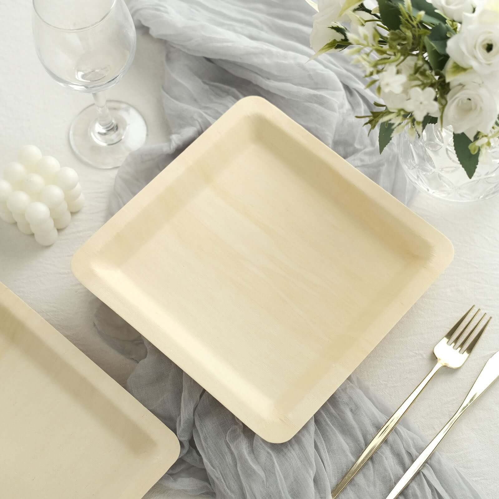 25-Pack Poplar Wood 9" Square Dinner Plates - Natural Eco Friendly Wooden Disposable Plates for Farmhouse-Style Events, Parties & Gatherings