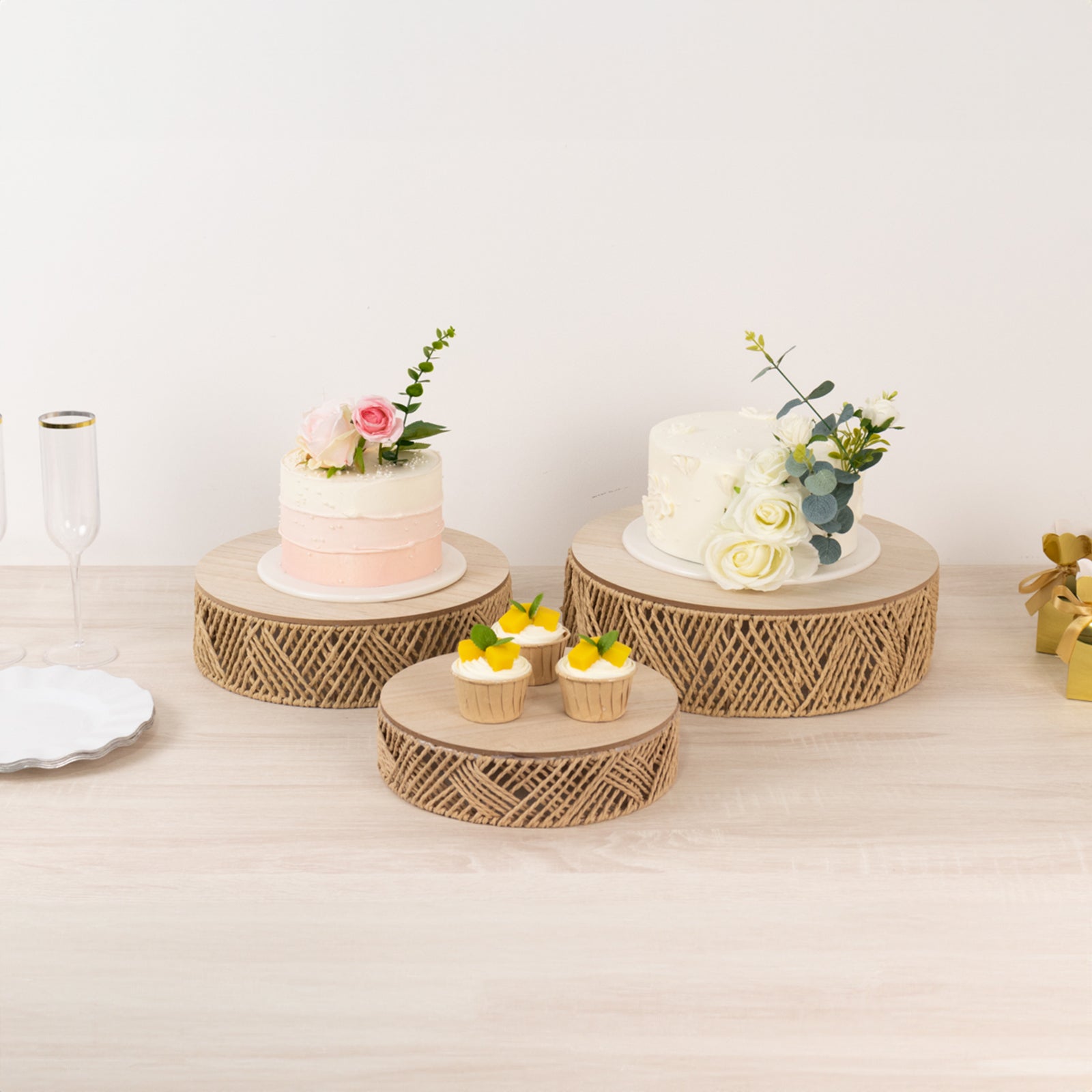 Set of 3 Pedestal Cake Stands Jute Rattan with Wooden Top Plates Natural - Stackable Round Rustic Farmhouse Design 10", 12", 14"