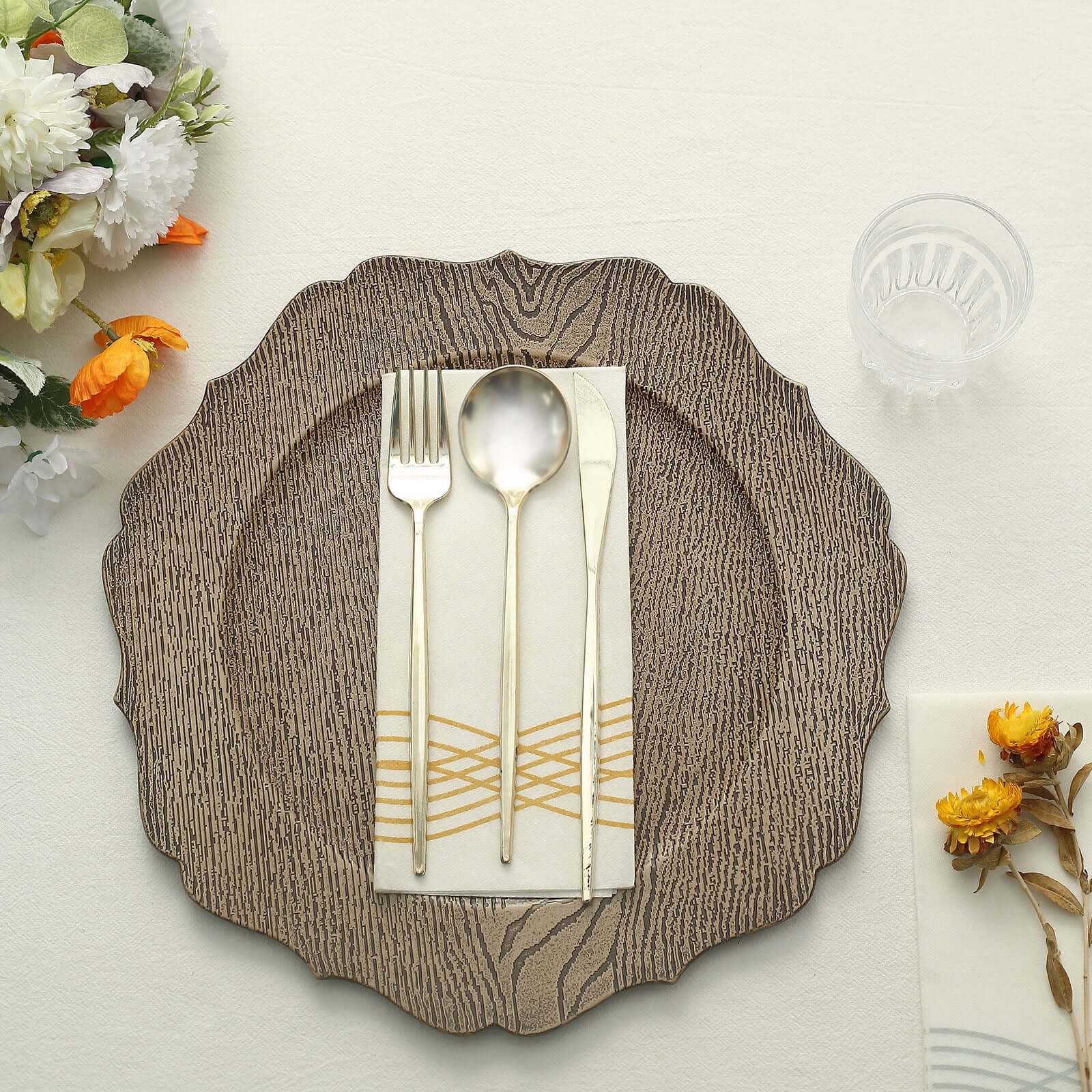 6-Pack Acrylic Round Charger Plates 13" in Rustic Natural with Wood Grain Scalloped Rim, Decorative Dinner Party Charger Tableware