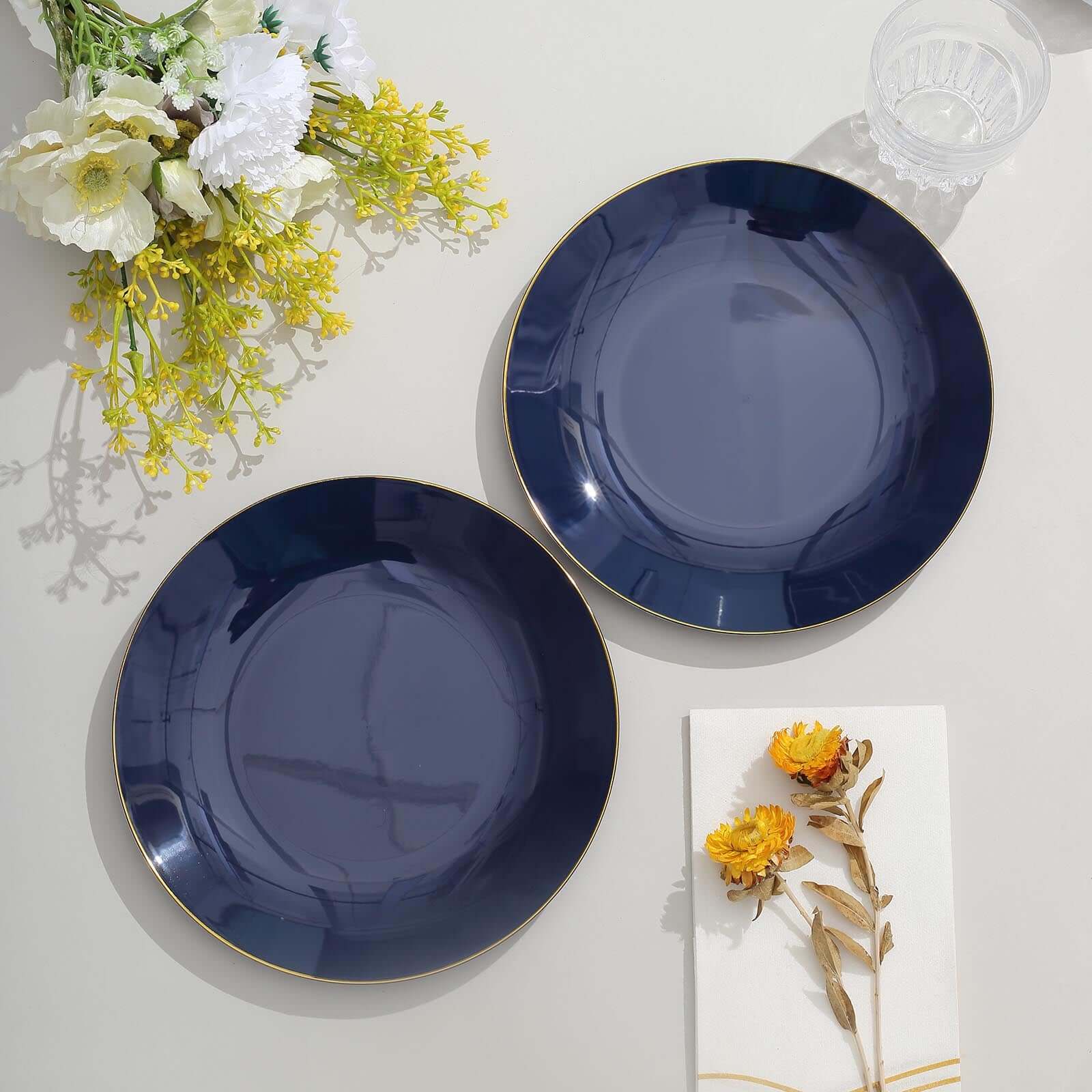 10-Pack Plastic 8" Round Dessert Plates in Navy Blue with Gold Rim - Glossy Disposable Appetizer Salad Plates