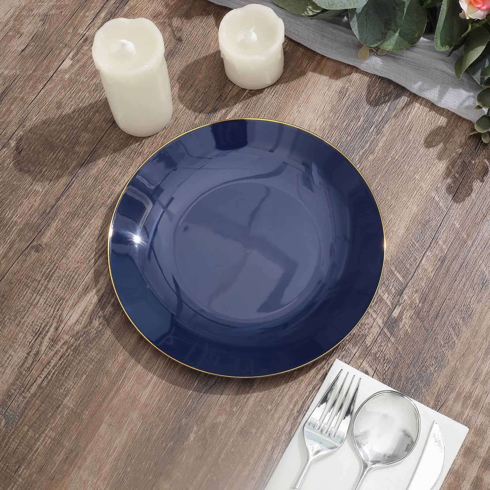 10-Pack Plastic 8" Round Dessert Plates in Navy Blue with Gold Rim - Glossy Disposable Appetizer Salad Plates