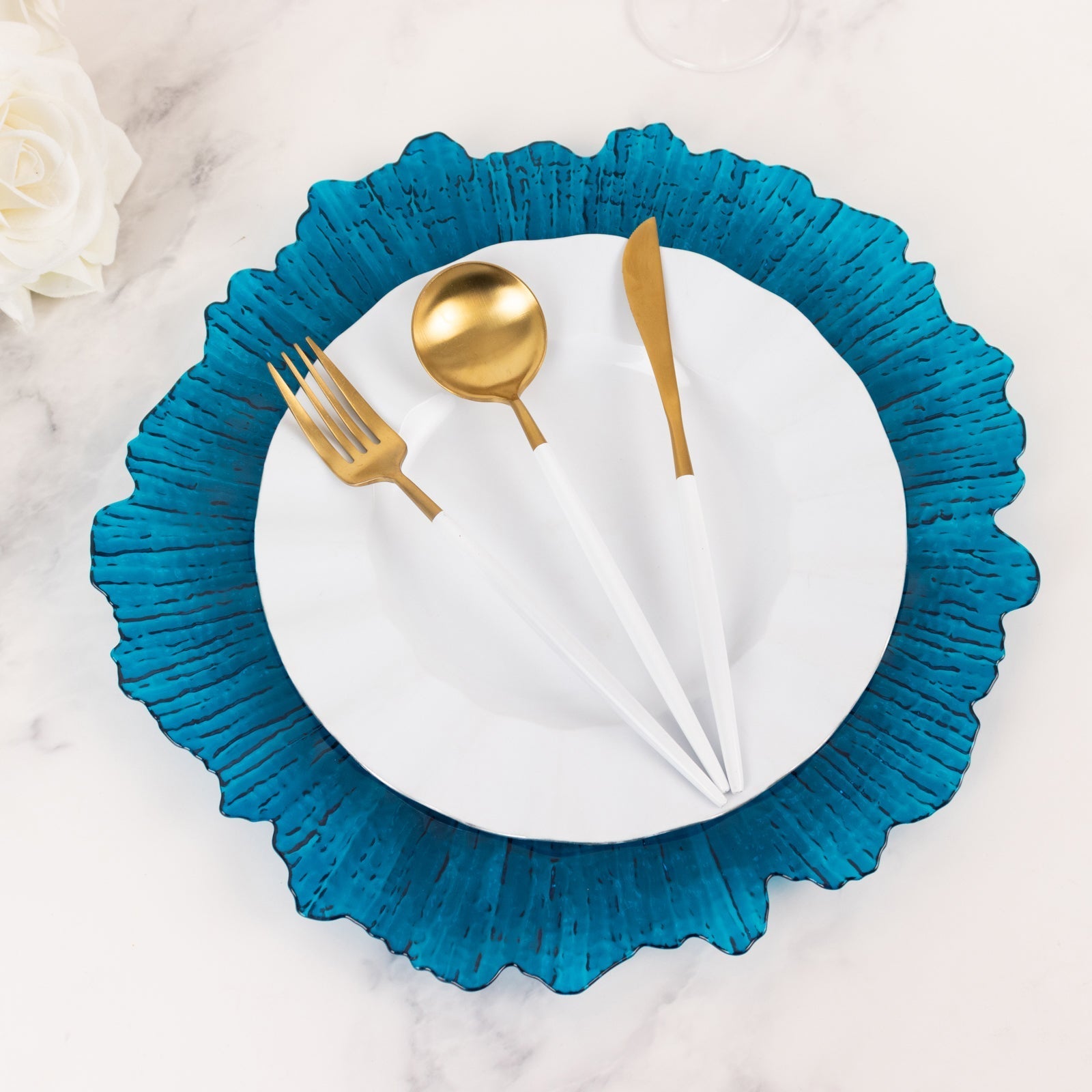 6-Pack Acrylic Plastic Round Charger Plates 13" in Transparent Navy Blue with Reef Design, Dinner Charger Tableware
