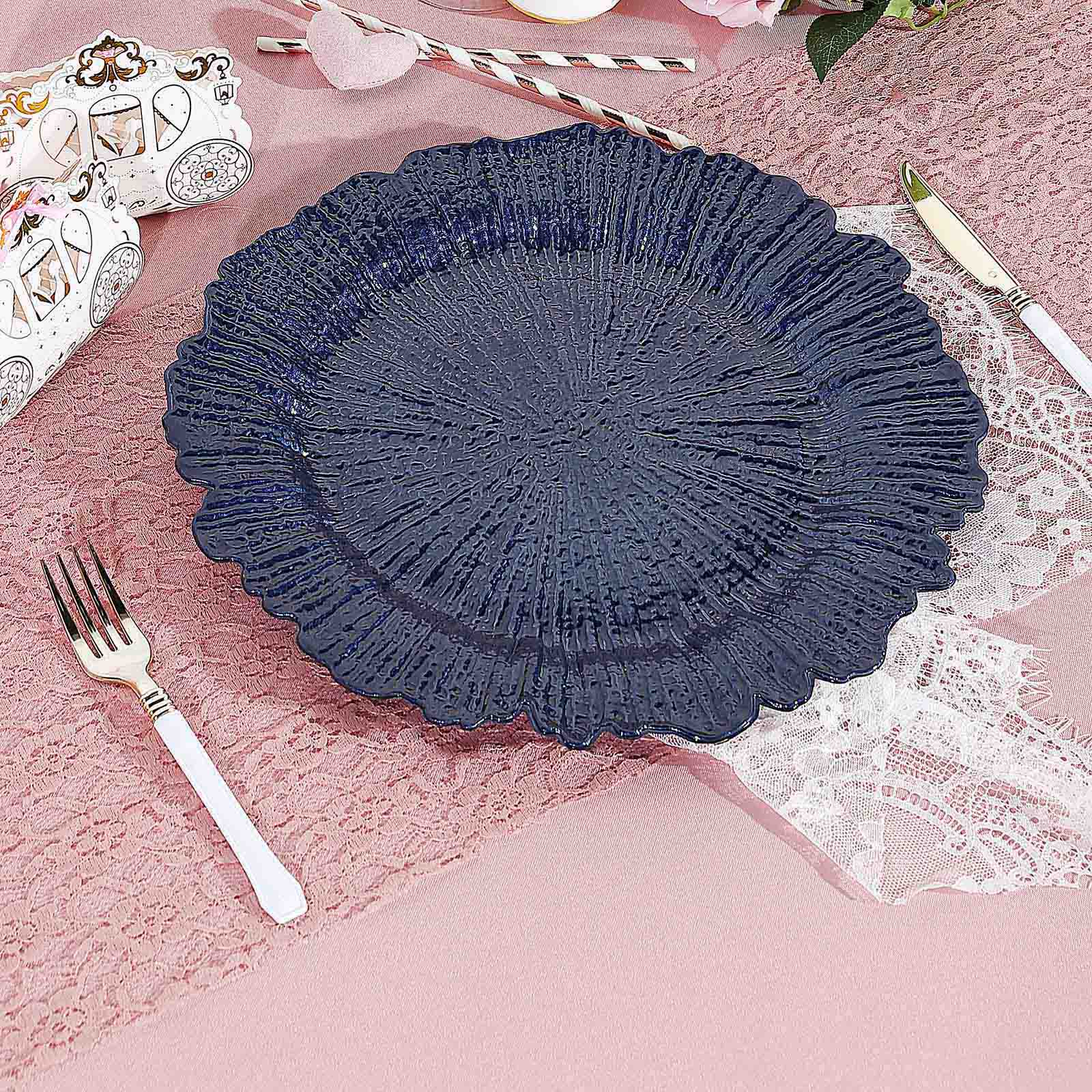 6-Pack Acrylic Plastic Round Charger Plates 13" in Navy Blue with Reef Design, Dinner Charger Tableware
