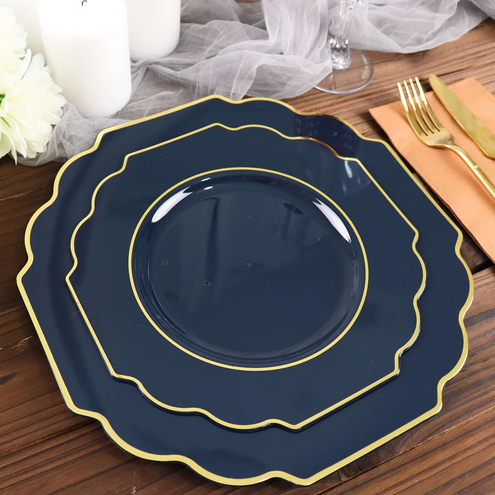 10-Pack Plastic Dinner Plates in Navy Blue Baroque Design with Scalloped Gold Rim - Heavy Duty Disposable Party Plates 11"