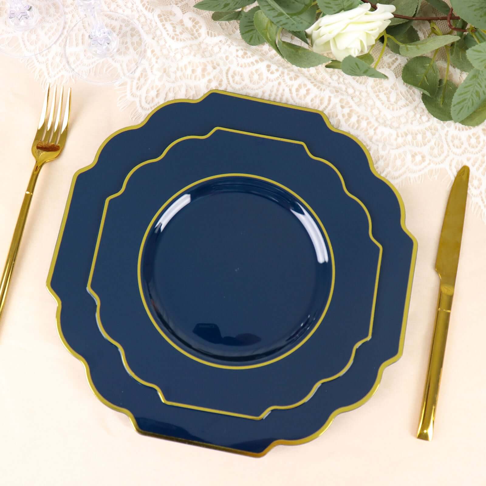 10-Pack Plastic Dinner Plates in Navy Blue Baroque Design with Scalloped Gold Rim - Heavy Duty Disposable Party Plates 11"