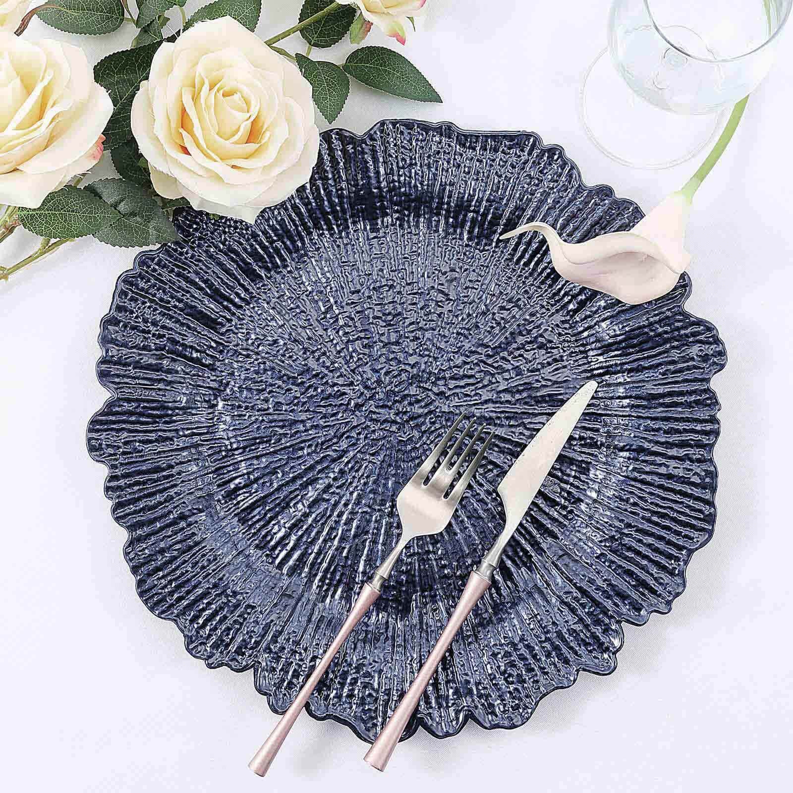 6-Pack Acrylic Plastic Round Charger Plates 13" in Navy Blue with Reef Design, Dinner Charger Tableware