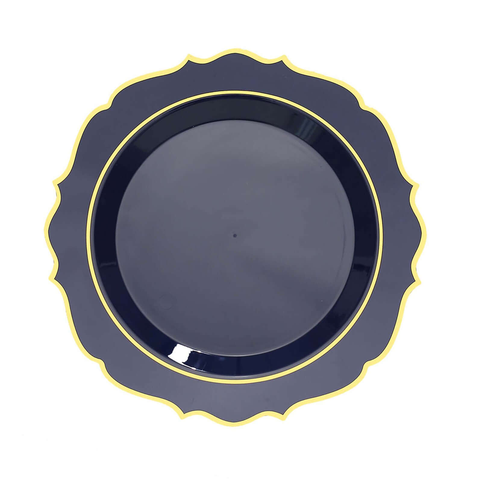 10-Pack Plastic 8" Round Desert Plates in Navy Blue with Gold Scalloped Rim - Disposable Appetizer/Salad Plates