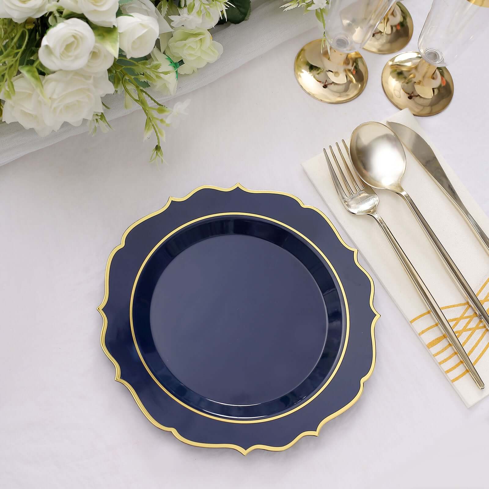 10-Pack Plastic 8" Round Desert Plates in Navy Blue with Gold Scalloped Rim - Disposable Appetizer/Salad Plates