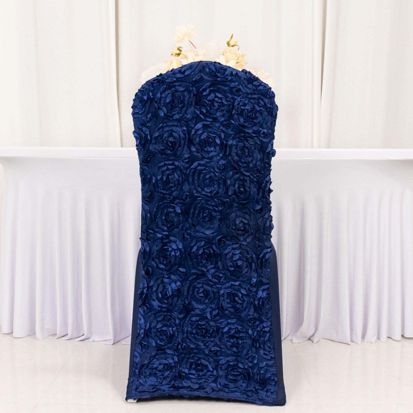 Satin Rosette Chair Cover for Banquet Chairs Navy Blue - Stretch Fitted Slip-On Slipcover