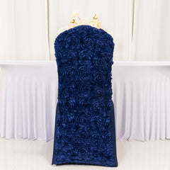 Satin Rosette Chair Cover for Banquet Chairs Navy Blue - Stretch Fitted Slip-On Slipcover