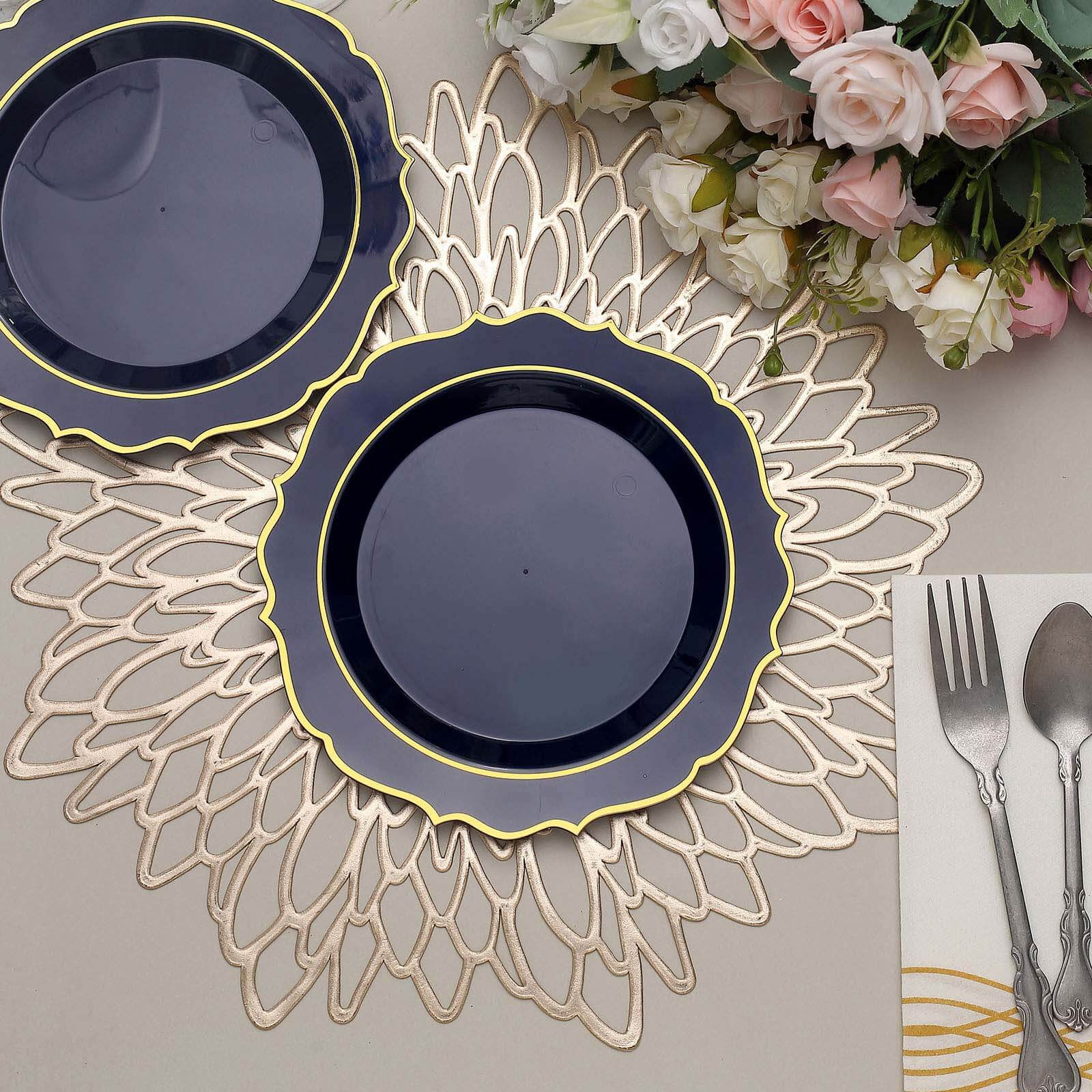 10-Pack Plastic 8" Round Desert Plates in Navy Blue with Gold Scalloped Rim - Disposable Appetizer/Salad Plates