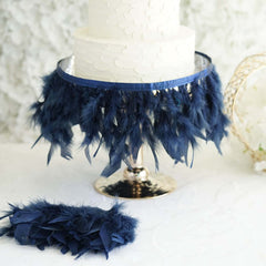 39" Navy Blue Real Turkey Feather Fringe Trim With Satin Ribbon Tape