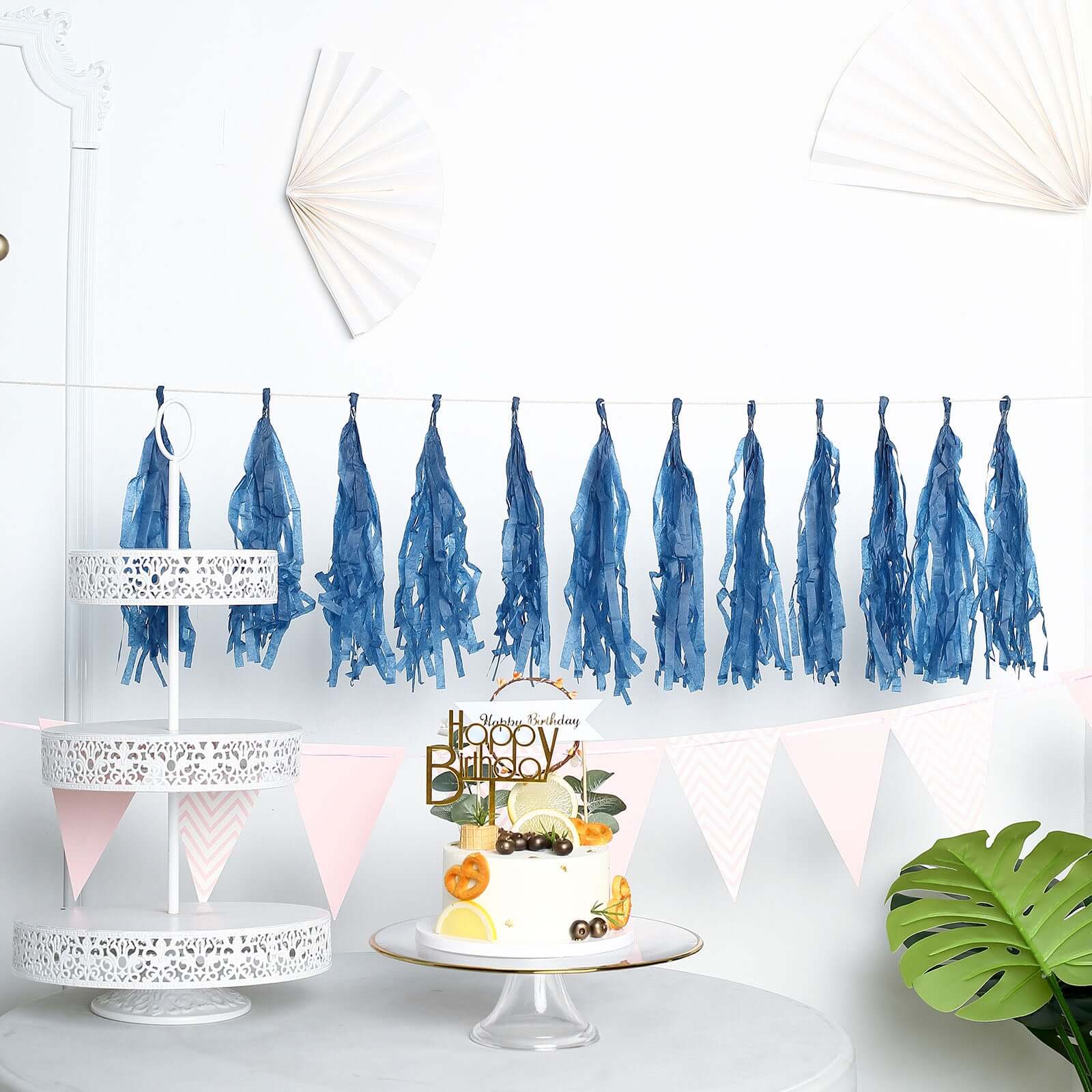 12 Pack Pre-Tied Navy Blue Paper Fringe Tassels With Garland String Hanging Streamer Banner