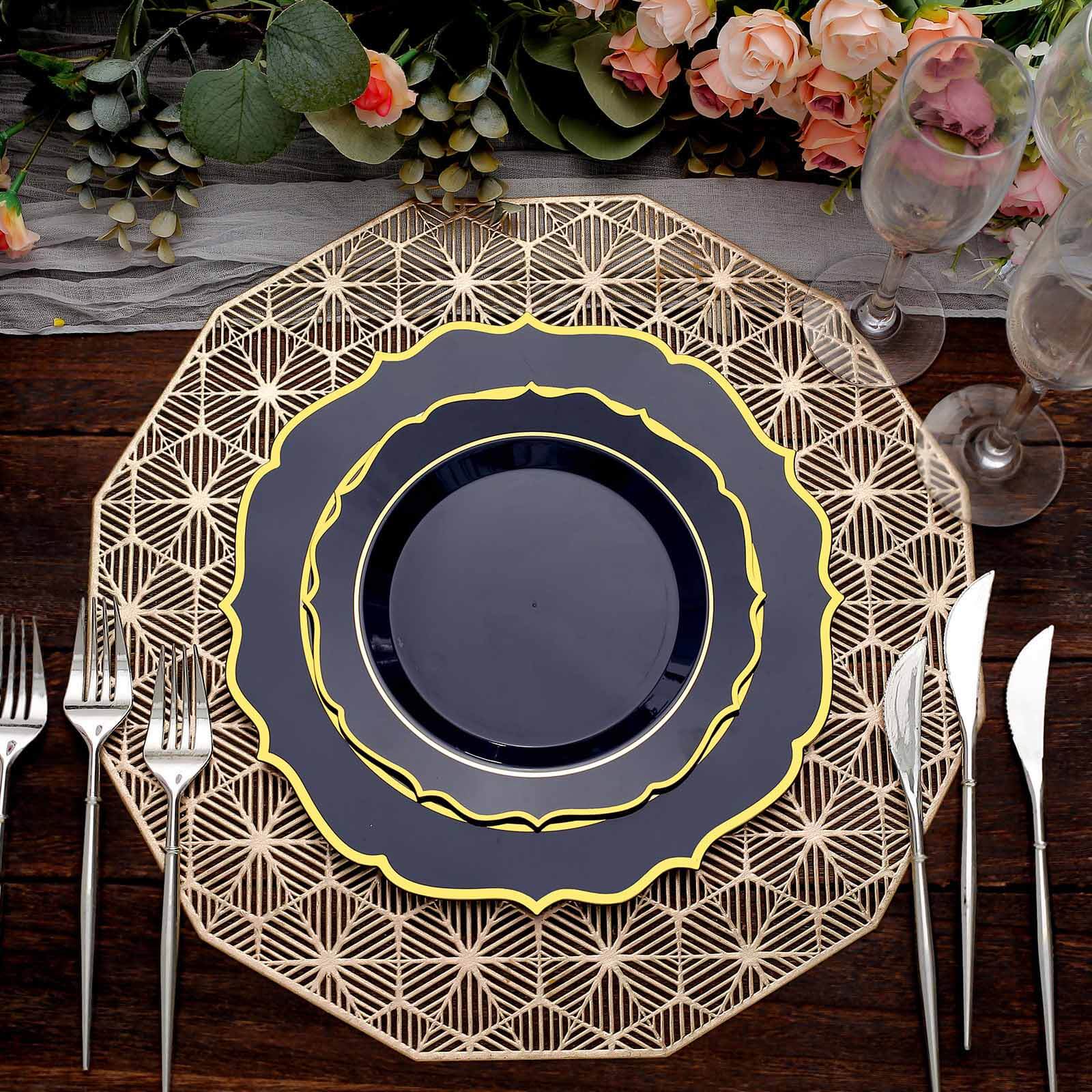 10-Pack Plastic 8" Round Desert Plates in Navy Blue with Gold Scalloped Rim - Disposable Appetizer/Salad Plates