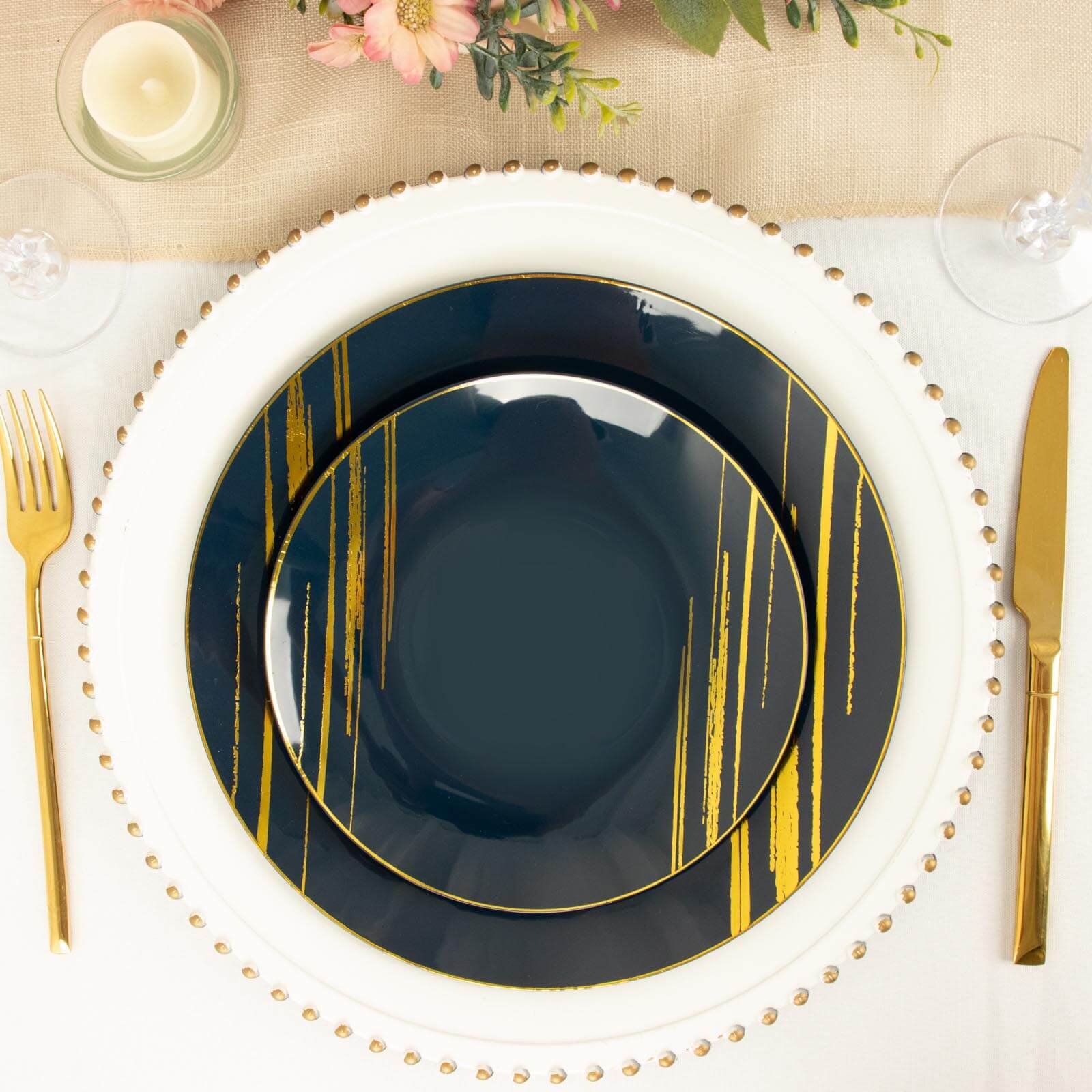 10-Pack Plastic 7" Round Dessert Plates in Navy Blue with Gold Brush Stroked Print - Disposable Appetizer Salad Plates