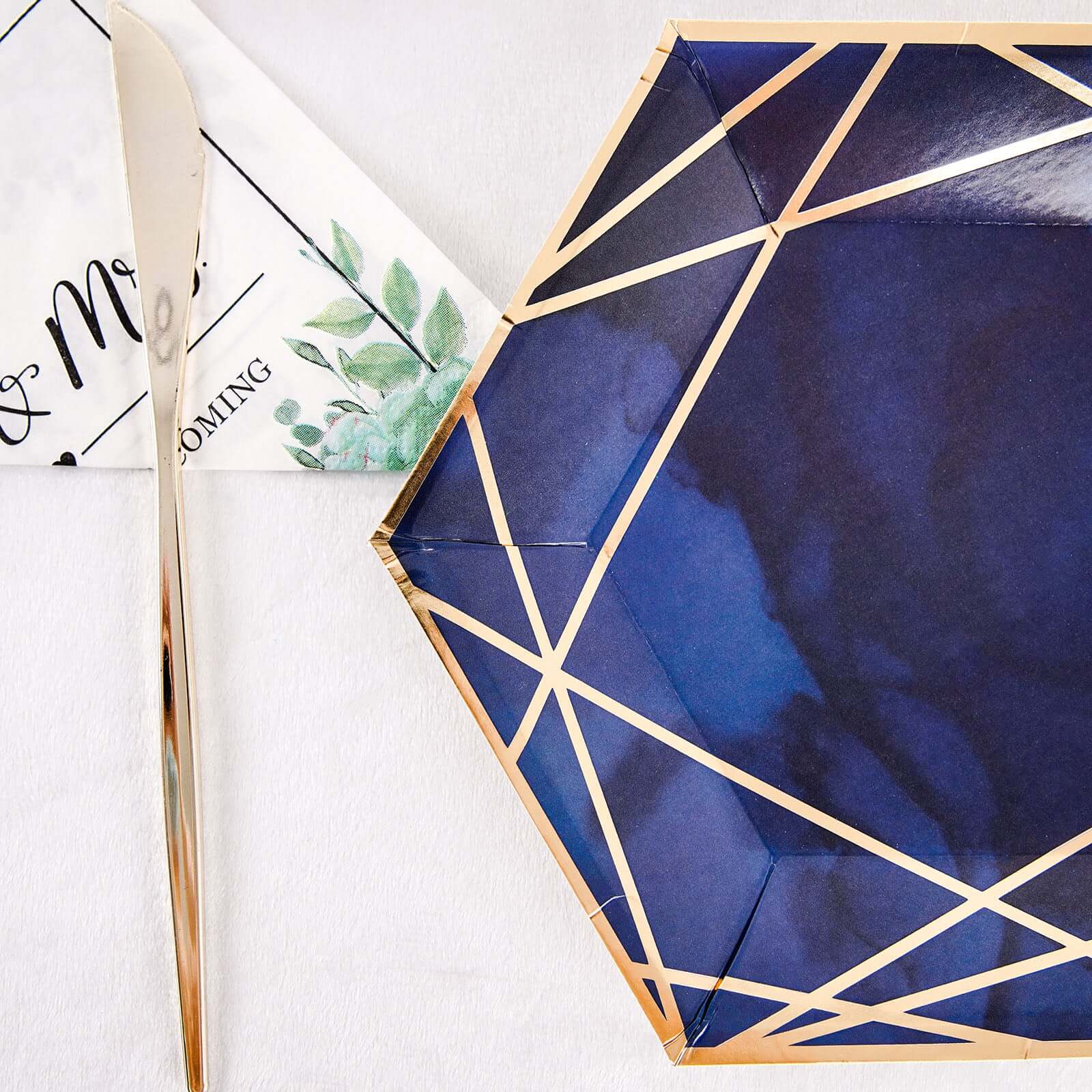 25-Pack Paper 7" Hexagon Dessert Plates in Navy Blue with Gold Geometric Lines & Rim - Stylish Disposable Geometric 300GSM Appetizer Salad Plates