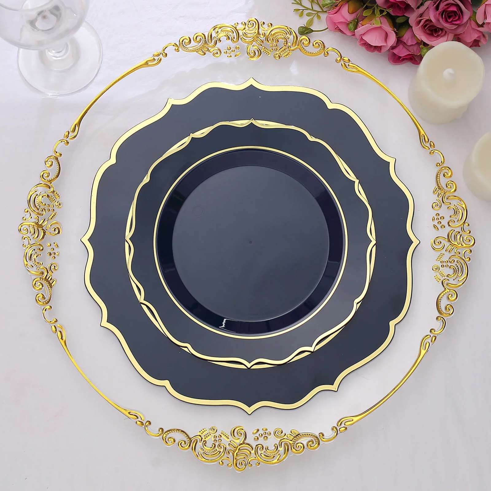 10-Pack Plastic 8" Round Desert Plates in Navy Blue with Gold Scalloped Rim - Disposable Appetizer/Salad Plates