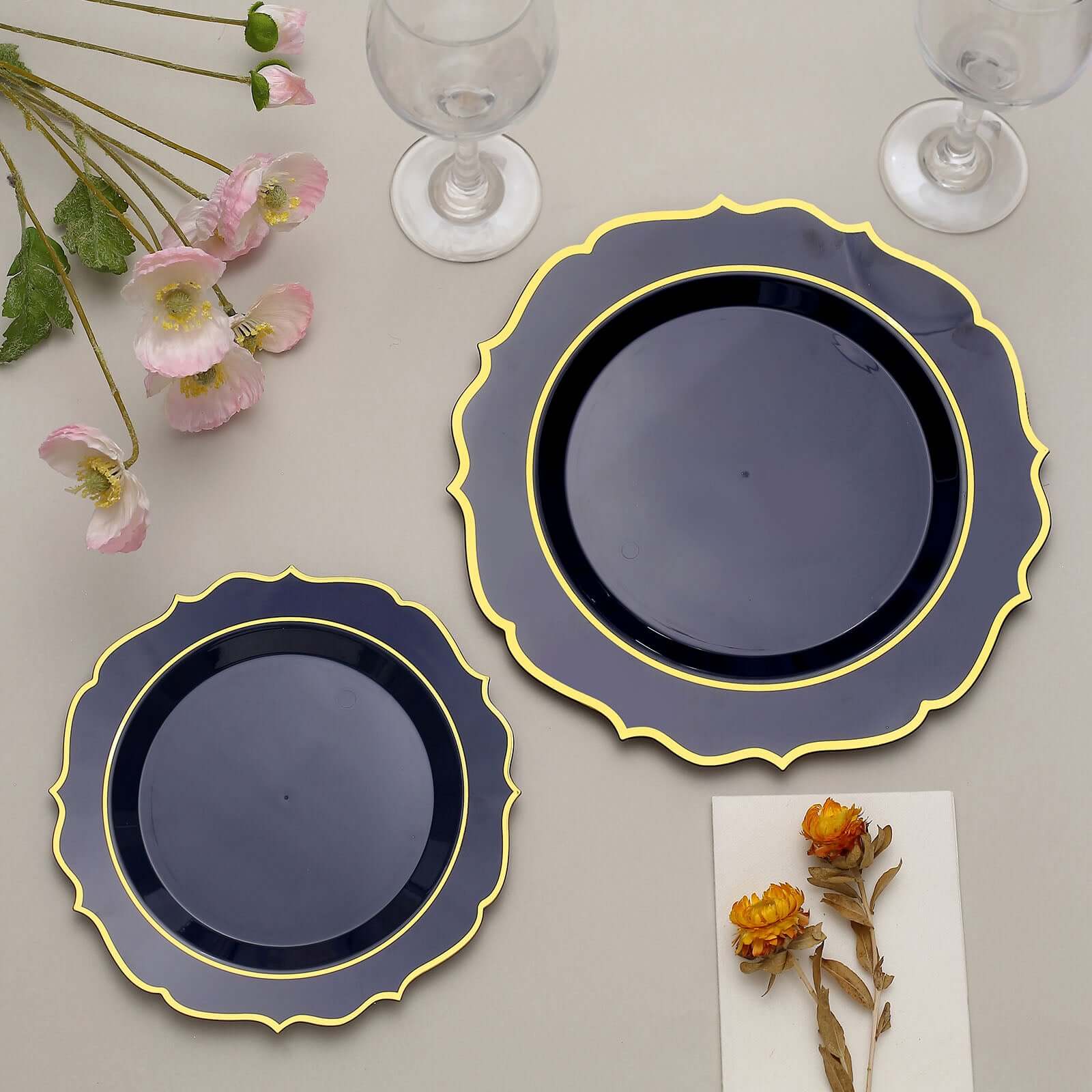 10-Pack Plastic 8" Round Desert Plates in Navy Blue with Gold Scalloped Rim - Disposable Appetizer/Salad Plates